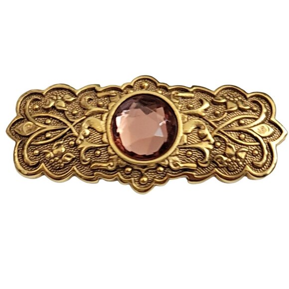 The Vatican Library Collection Gold Tone Pink Rhinestone Bar Pin Brooch, Signed - Picture 7 of 7